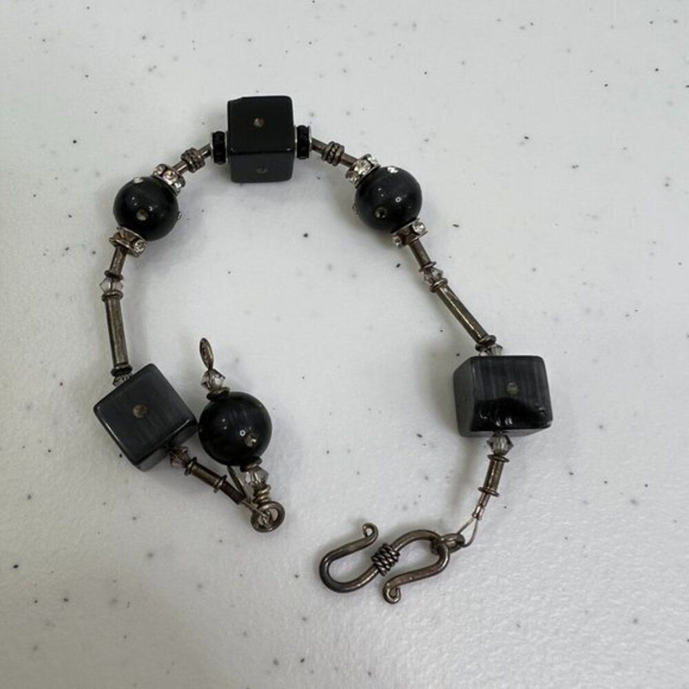 Dis‎ Bracelet Beaded Silver Tone Black Beaded Rhinestone Tigers Eye Dot Glass